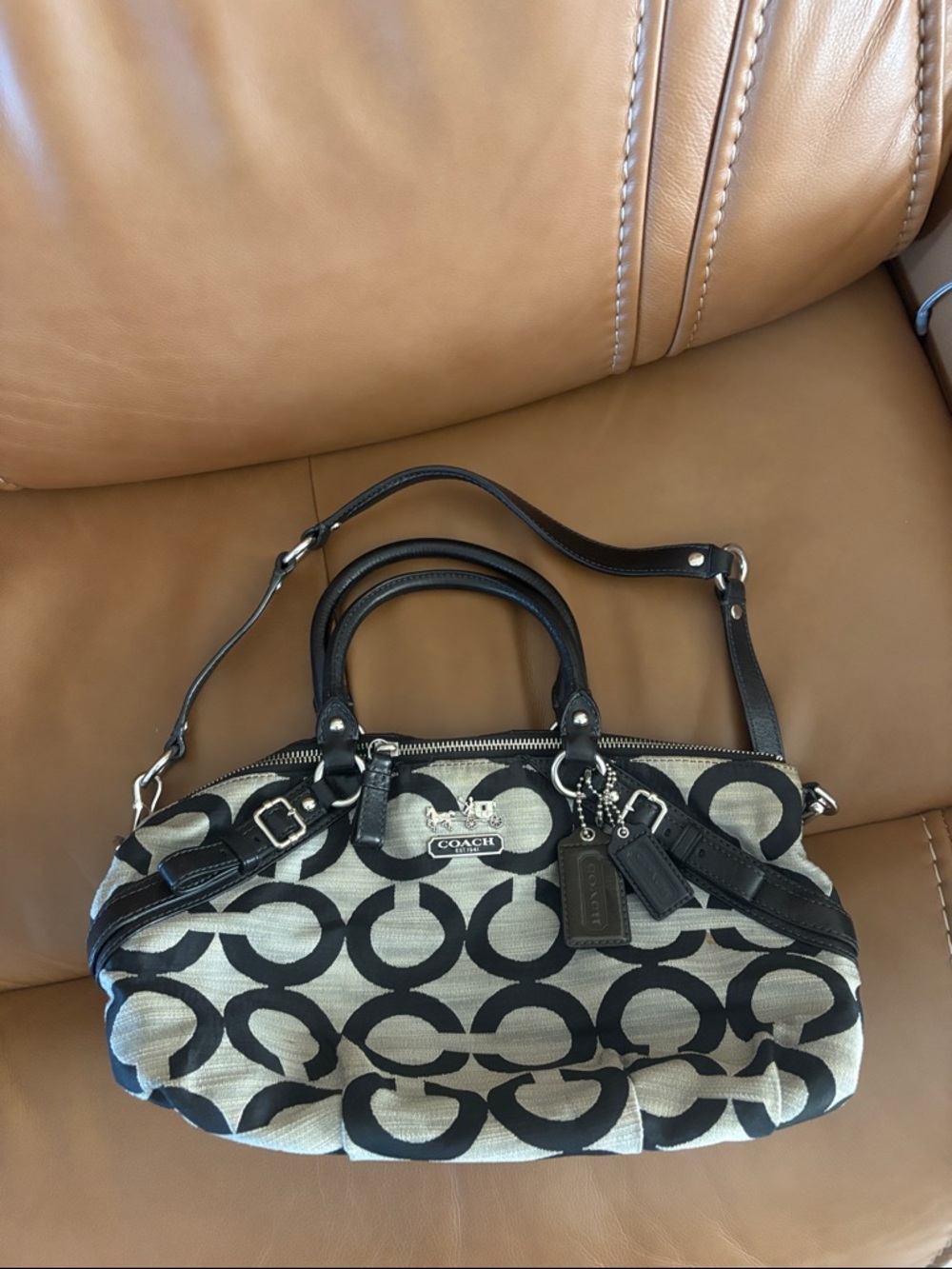 Coach Black and Beige Signature Canvas Satchel